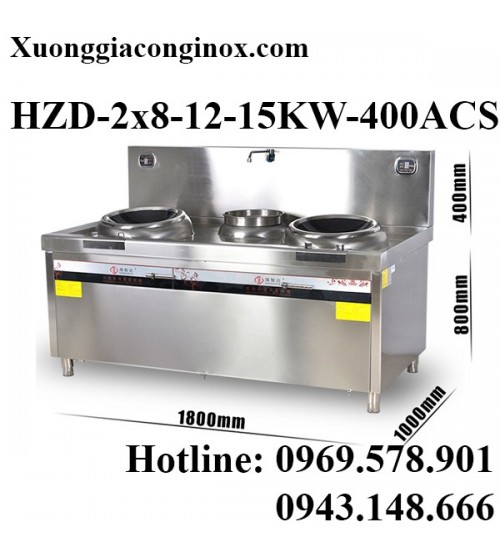Bếp từ công nghiệp 2 mặt lõm và bếp chiên có vòi rửa 8-12-15KW HZD-2x8-12-15KW-400ACS
